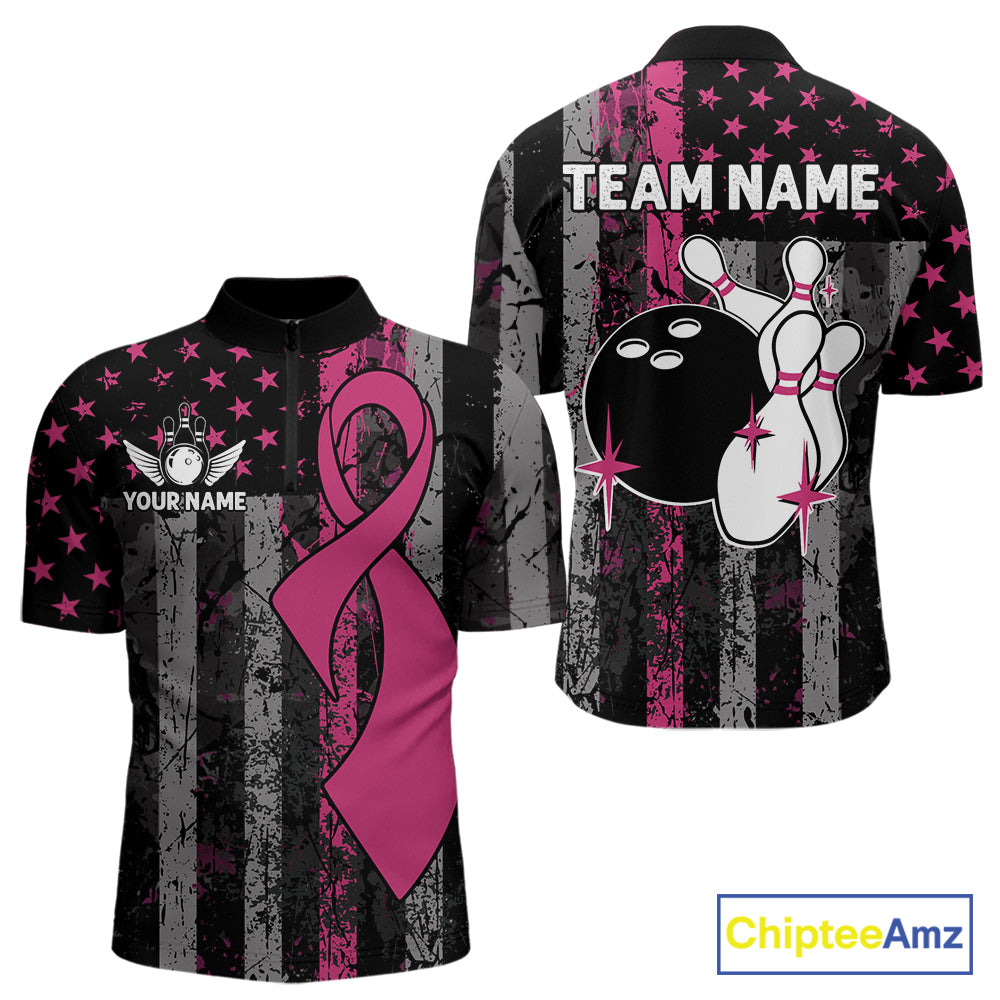 Custom Pink Ribbon Grunge American Flag Bowling Shirt For Men, Breast Cancer Bowling Team Jersey TDM6289