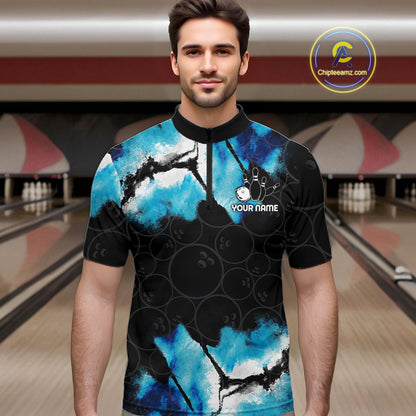 Man wearing a dreamy blue bowling quarter zip jersey during league competition front view.