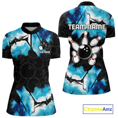Dreamy blue bowling quarter zip shirt for women designed for league tournaments and team events.