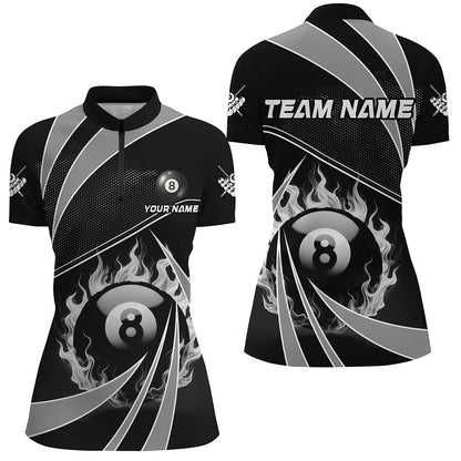 Personalized Grey And Black 8 Ball Pool Fire Custom Billiard Shirt For Women, Billiard Apparel Jersey TDM1974