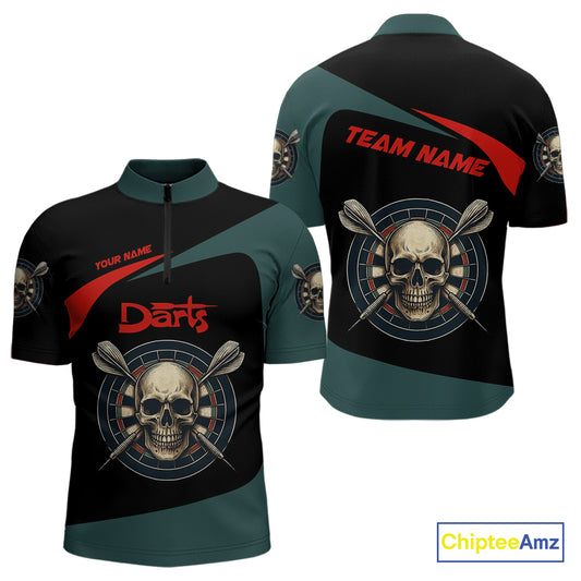 Grunge Skull And Dartboard Custom Quarter-zip Darts Shirt For Men - Darts Team Jersey NYN0700