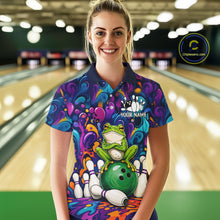 Load image into Gallery viewer, Woman wearing personalized colorful funny frog bowling polo shirt front view.