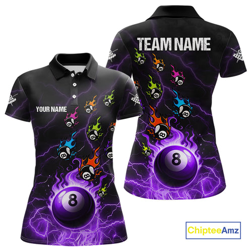 Personalized Funny Colorful Flame 8 Ball Billiard Shirt For Women Custom Pool Team Jersey |Purple TDM4968