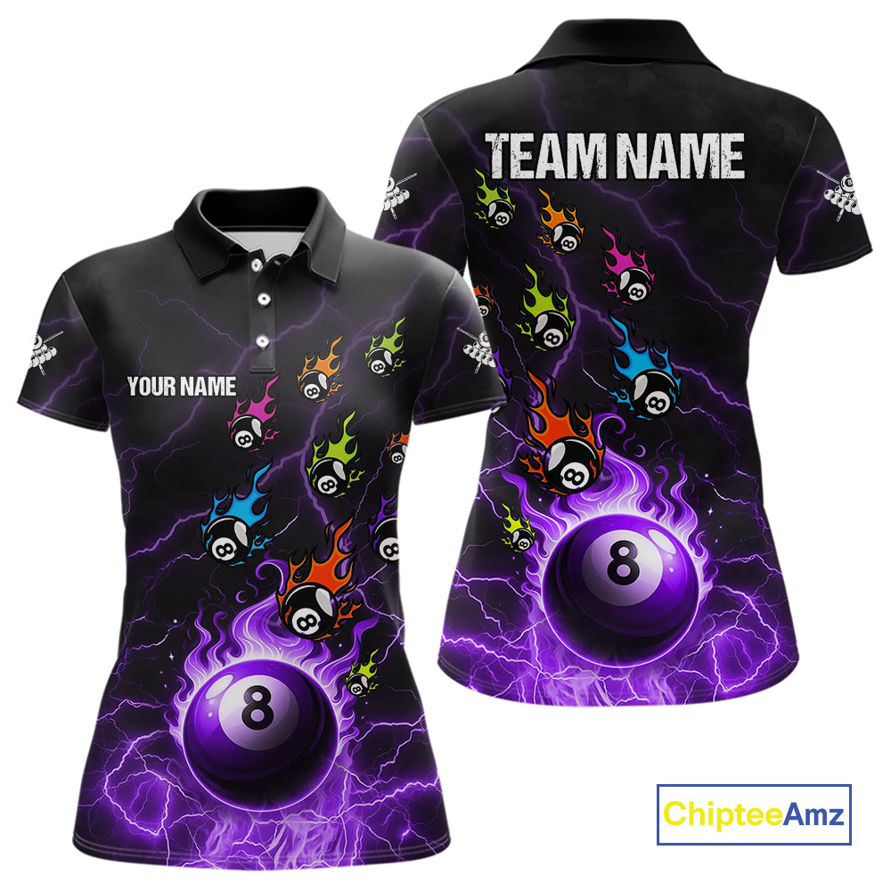 Personalized Funny Colorful Flame 8 Ball Billiard Shirt For Women Custom Pool Team Jersey |Purple TDM4968