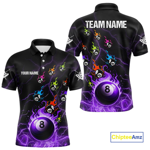 Personalized Funny Colorful Flame 8 Ball Billiard Shirt For Men Custom Pool Team Jersey |Purple TDM4968