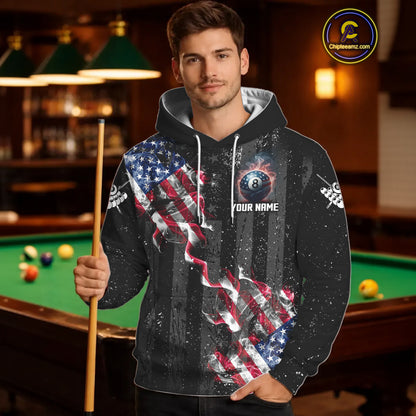 American Flag Smoke Billiard Hoodie For Men And Women Custom Patriotic 8 Ball Hoodie Team Jersey TDM5692