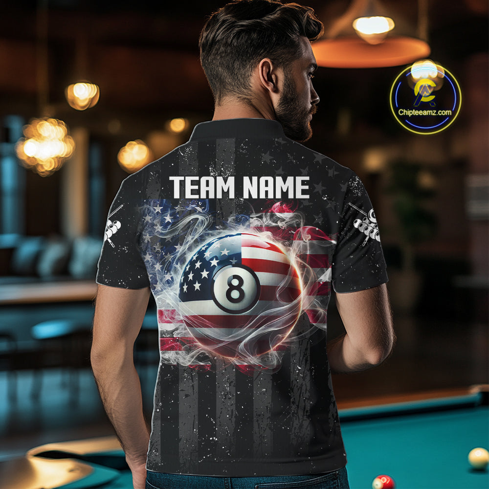 Custom US Flag Smoke 8 Ball Pool Billiard Shirt For Men, 3D Patriotic Billiard Team Jersey TDM5692