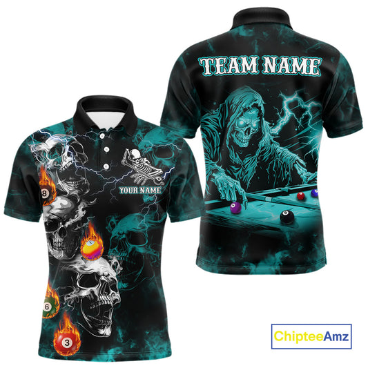 Personalized Turquoise Smoke Skull Billiard Shirts For Men Custom Grim Reaper Billiard Jerseys TDM3871