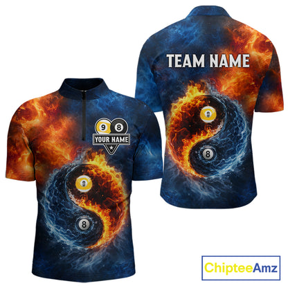 Personalized Water And Fire 8 Ball & 9 Ball Billiard Shirt For Men, Pool Team Jersey Polo & 1/4 Zip TDM6297