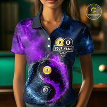 Load image into Gallery viewer, Custom Blue Purple Water Fire Billiard Shirt For Women, 8 Ball &amp; 9 Ball Pool Jersey Polo &amp; 1/4 Zip TDM6298