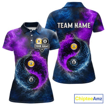 Load image into Gallery viewer, Custom Blue Purple Water Fire Billiard Shirt For Women, 8 Ball &amp; 9 Ball Pool Jersey Polo &amp; 1/4 Zip TDM6298