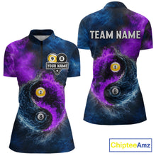 Load image into Gallery viewer, Custom Blue Purple Water Fire Billiard Shirt For Women, 8 Ball &amp; 9 Ball Pool Jersey Polo &amp; 1/4 Zip TDM6298