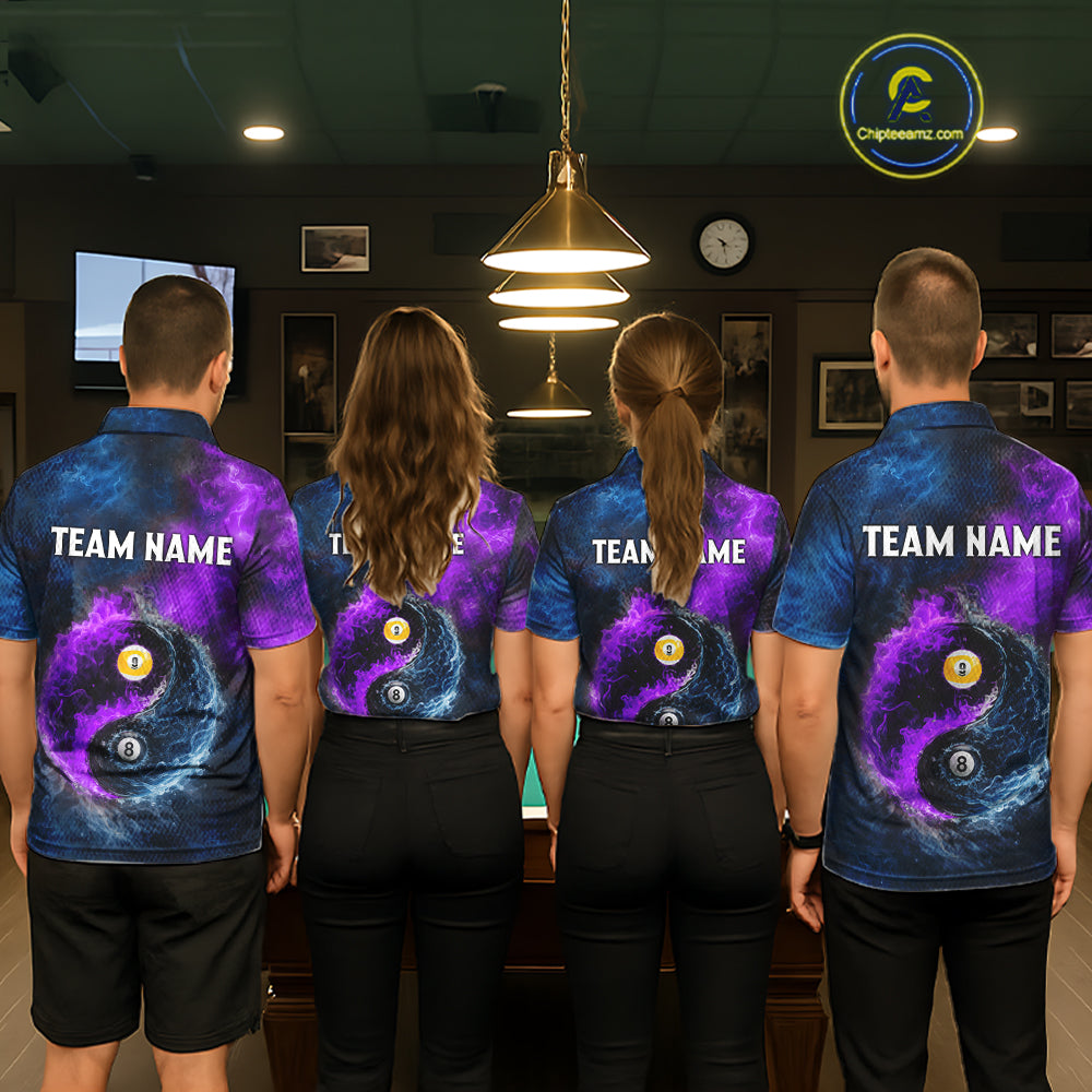 Custom Blue Purple Water Fire Billiard Shirt For Women, 8 Ball & 9 Ball Pool Jersey Polo & 1/4 Zip TDM6298