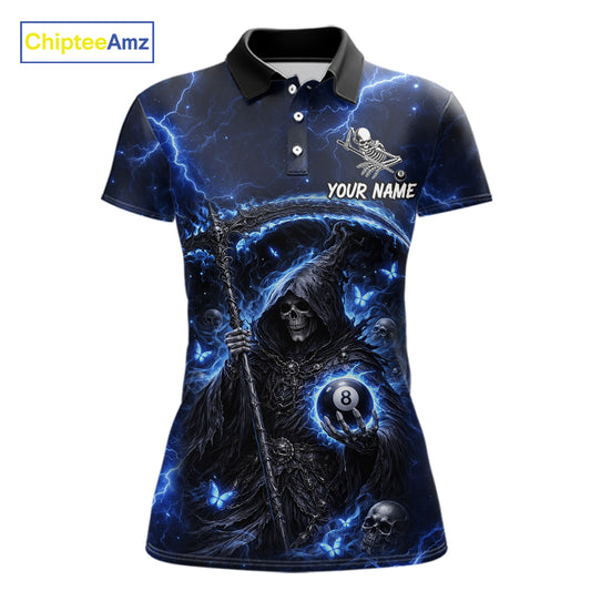 Blue 8 Ball Pool Grim Reaper Billiard Shirt For Women Custom Billiard Team Jersey Polo & 1/4 Zip TDM6300