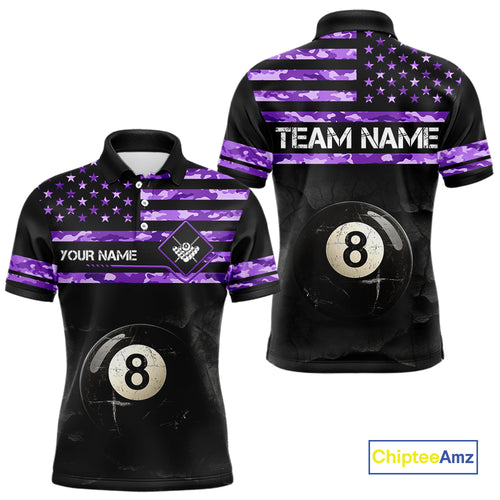 Customized Retro 8 Ball Pool Purple Camo US Flag Billiard Shirt For Men, Patriotic Billiard Jersey TDM4331
