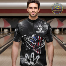 Load image into Gallery viewer, Black And White Flaming American Flag Skull Bowling Shirt For Men Custom Fire Bowling Team Jersey TDM4752