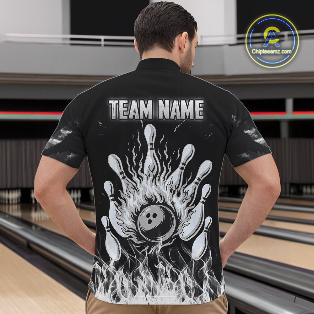 Black And White Flaming American Flag Skull Bowling Shirt For Men Custom Fire Bowling Team Jersey TDM4752