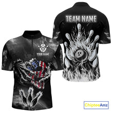 Load image into Gallery viewer, Black And White Flaming American Flag Skull Bowling Shirt For Men Custom Fire Bowling Team Jersey TDM4752