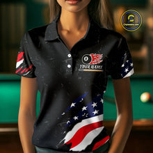 Load image into Gallery viewer, Personalized Black Grunge American Flag Billiard Shirt For Women Custom Patriotic 8 Ball Pool Jersey TDM4757