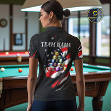 Load image into Gallery viewer, Personalized Black Grunge American Flag Billiard Shirt For Women Custom Patriotic 8 Ball Pool Jersey TDM4757
