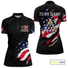 Load image into Gallery viewer, Personalized Black Grunge American Flag Billiard Shirt For Women Custom Patriotic 8 Ball Pool Jersey TDM4757