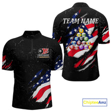 Load image into Gallery viewer, Personalized Black Grunge American Flag Billiard Shirt For Men Custom Patriotic 8 Ball Pool Jersey TDM4757
