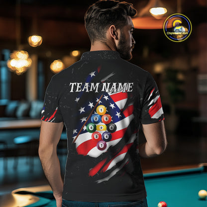 Personalized Patriotic 9 Ball Billiard Shirt For Men Custom Black Grunge American Flag Pool Jersey TDM4758