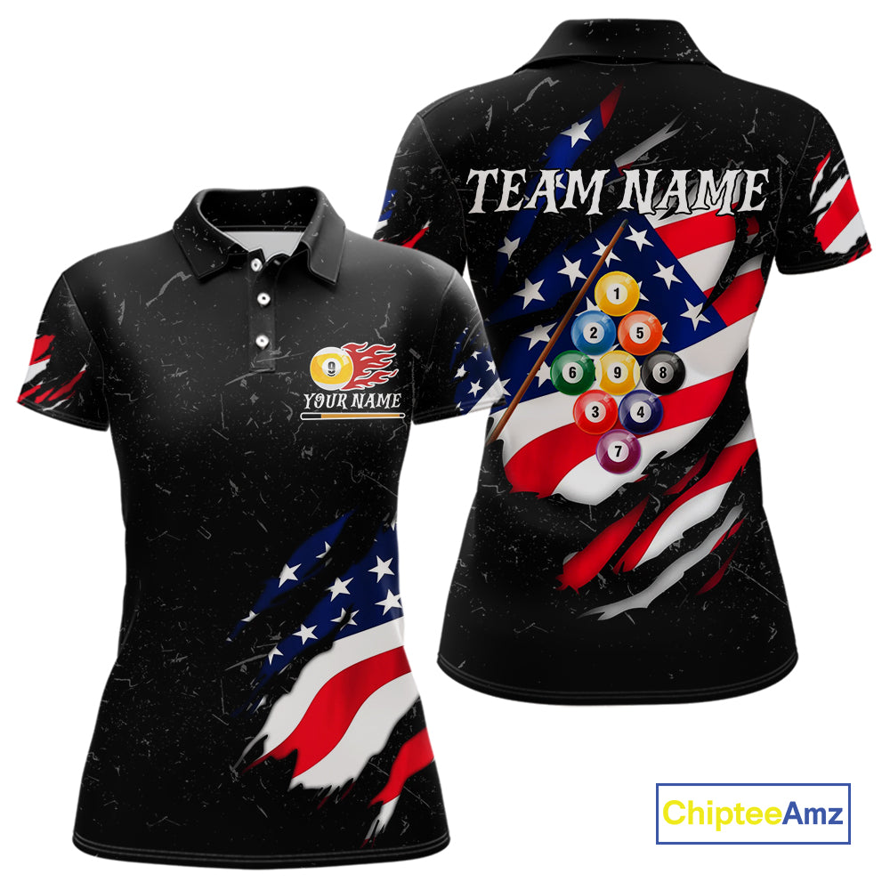 Personalized Patriotic 9 Ball Billiard Shirt For Women Custom Black Grunge American Flag Pool Jersey TDM4758