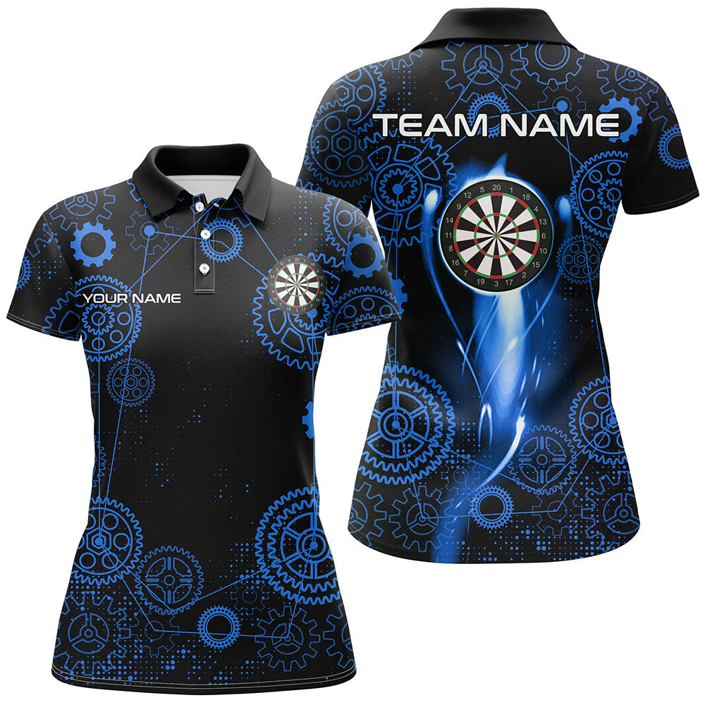 Blue Darts Gearwheel Pattern Custom Dart Shirts For Women, Dart Jerseys Darts League Team Uniform TDM3188