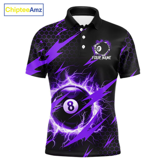 Purple 8 ball thunder lightning billiard polo shirt for men with custom team graphics.