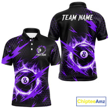 Load image into Gallery viewer, Purple 8 ball thunder lightning billiard polo shirt for men with custom team graphics.