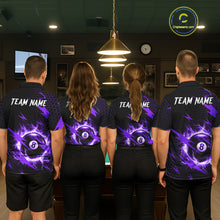Load image into Gallery viewer, Back view of pool players wearing matching purple lightning billiard shirts in a game room.