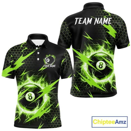 Green 8 ball thunder lightning billiard polo shirt for men with custom team graphics.