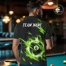 Load image into Gallery viewer, Back view of man wearing a green thunder lightning 8 ball pool shirt in a billiards hall.