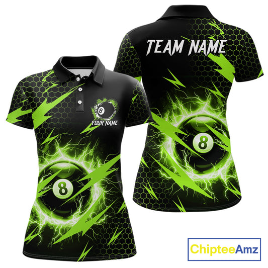 Green 8 ball thunder lightning billiard polo shirt for women with custom team graphics.