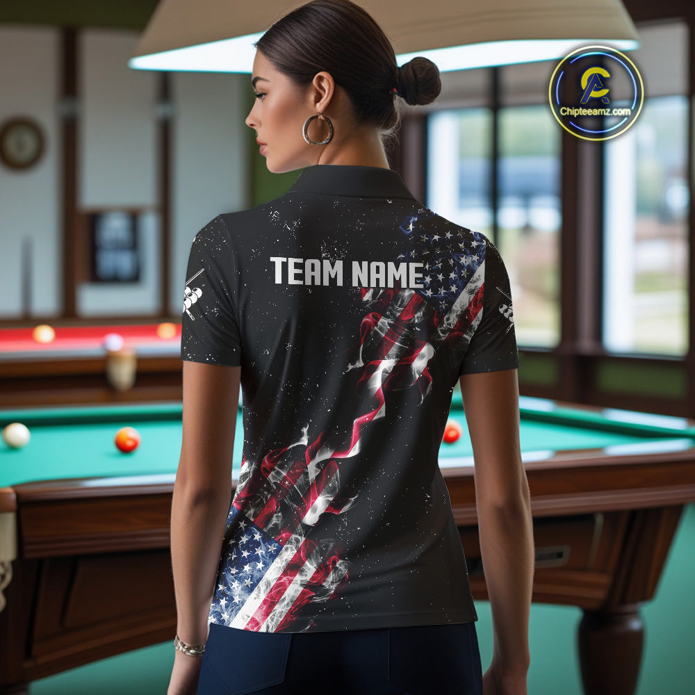 Customized Grunge US Flag Smoke Billiard Polo & 1/4 Zip For Women, Patriotic 8 Ball Pool Team Jersey TDM4546