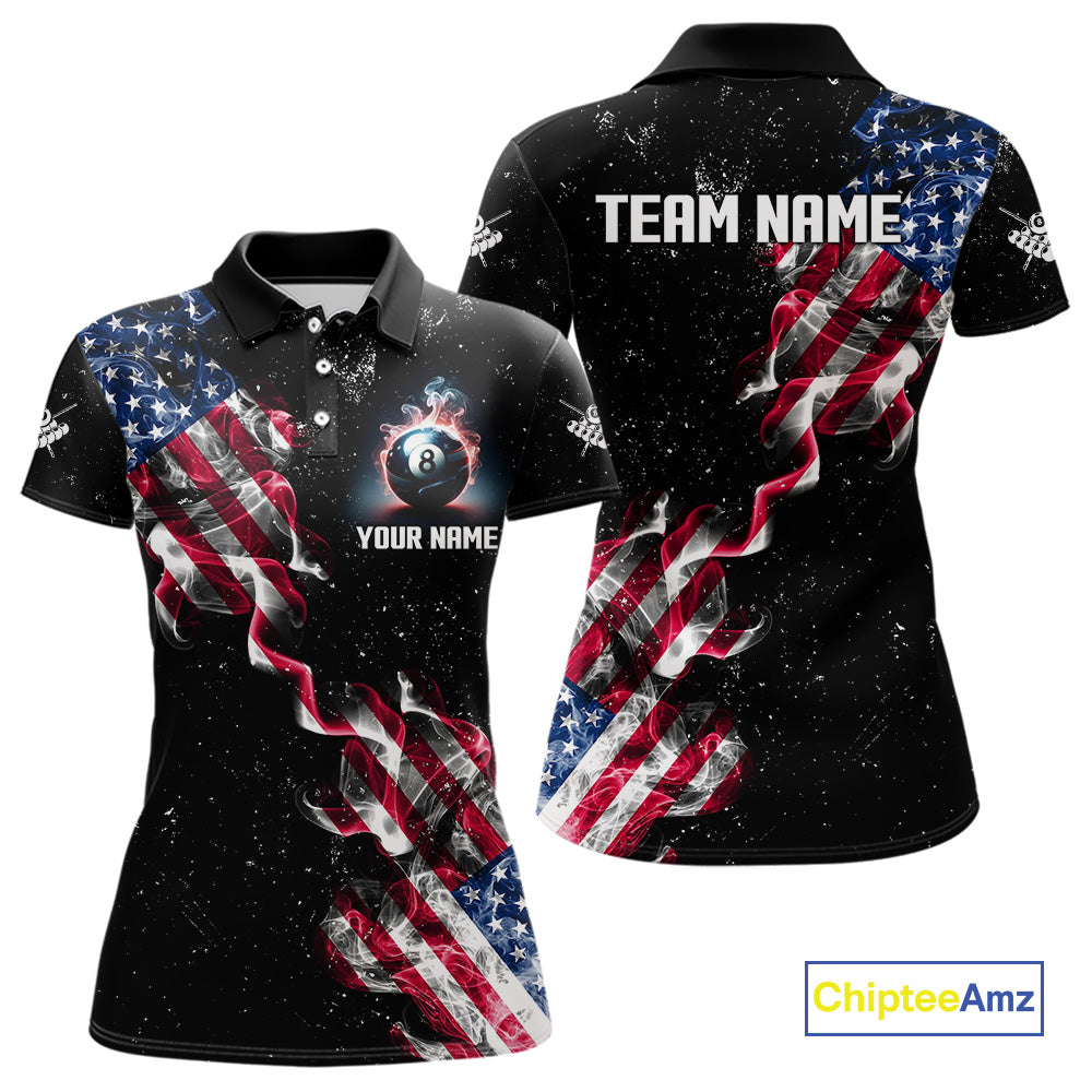 Customized Grunge US Flag Smoke Billiard Polo & 1/4 Zip For Women, Patriotic 8 Ball Pool Team Jersey TDM4546