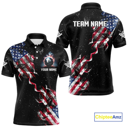 Customized Grunge US Flag Smoke Billiard Polo & 1/4 Zip For Men, Patriotic 8 Ball Pool Team Jersey TDM4546