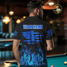 Load image into Gallery viewer, Blue Flaming US Flag 9 Ball Billiard Shirt For Men Custom Patriotic Pool Player Team Jersey TDM4547