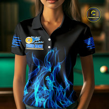 Load image into Gallery viewer, Blue Flaming US Flag 9 Ball Billiard Shirt For Women Custom Patriotic Pool Player Team Jersey TDM4547