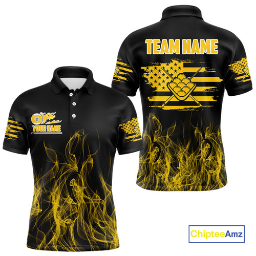 Yellow Flaming US Flag 9 Ball Billiard Shirt For Men Custom Patriotic Pool Player Team Jersey TDM4548