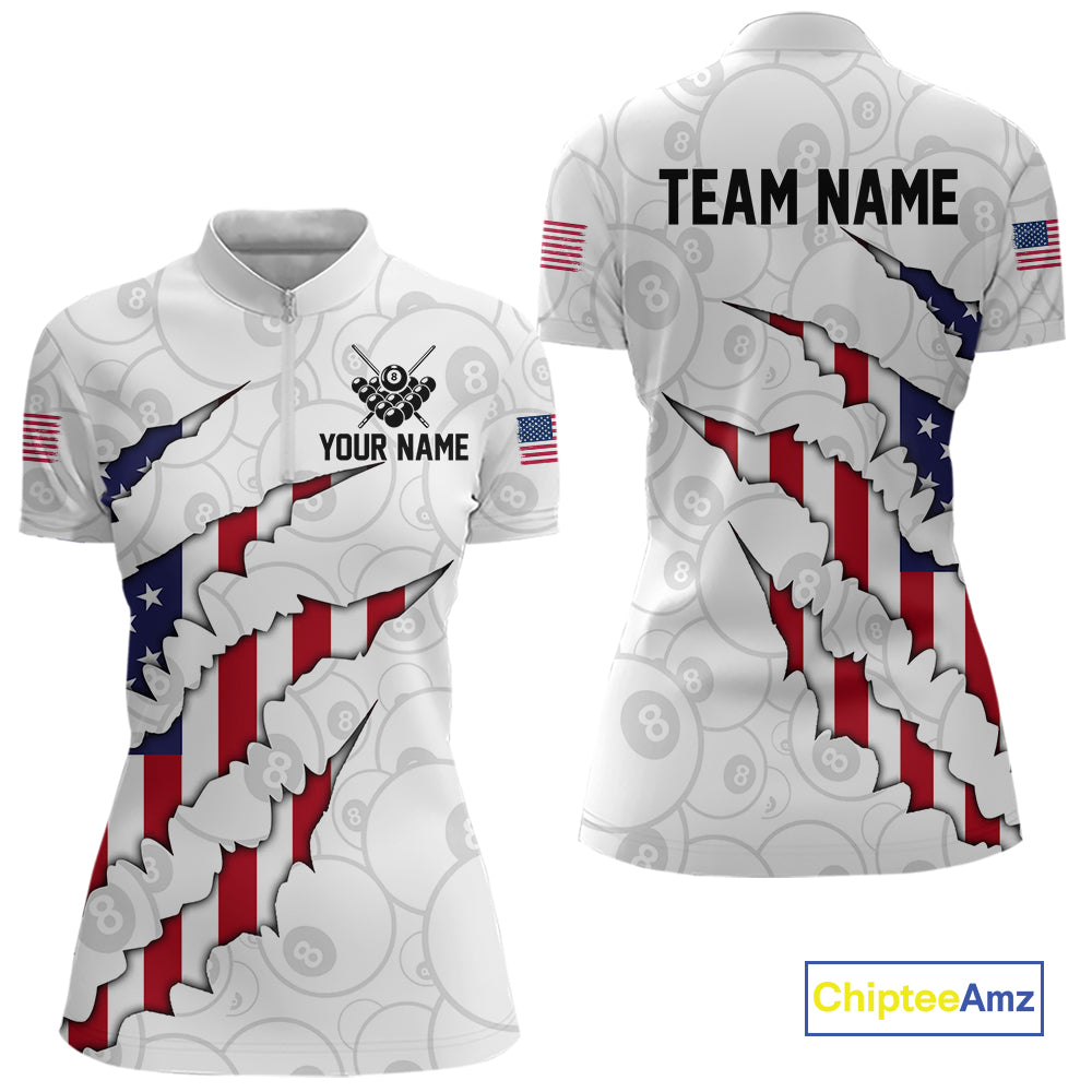 Personalized American Flag 8 Ball Polo & Quarter Zip Shirt For Women, Patriotic Pool Team Jersey TDM4551