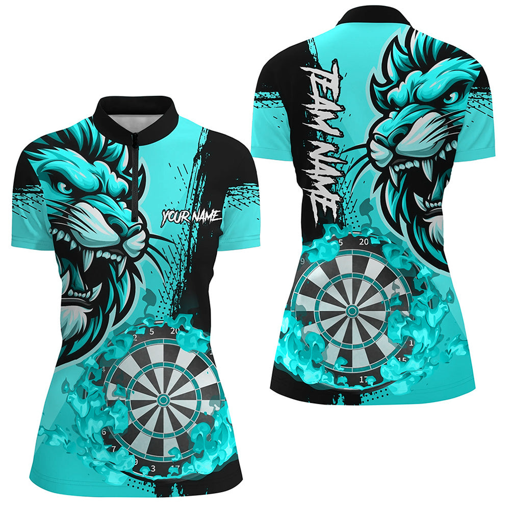 Turquoise Funny Darts Flame Lion Custom Polo & 1/4 Zip, Personalized Women Dart Shirts Dart Jerseys TDM2958