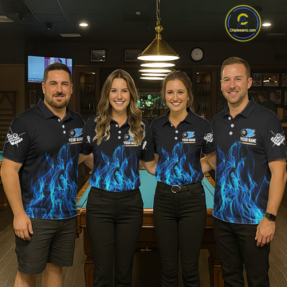 Blue Flaming 8 Ball Billiard Polo & 1/4 Zip For Men Custom Billiard Jersey, Pool Team Shirts TDM5431