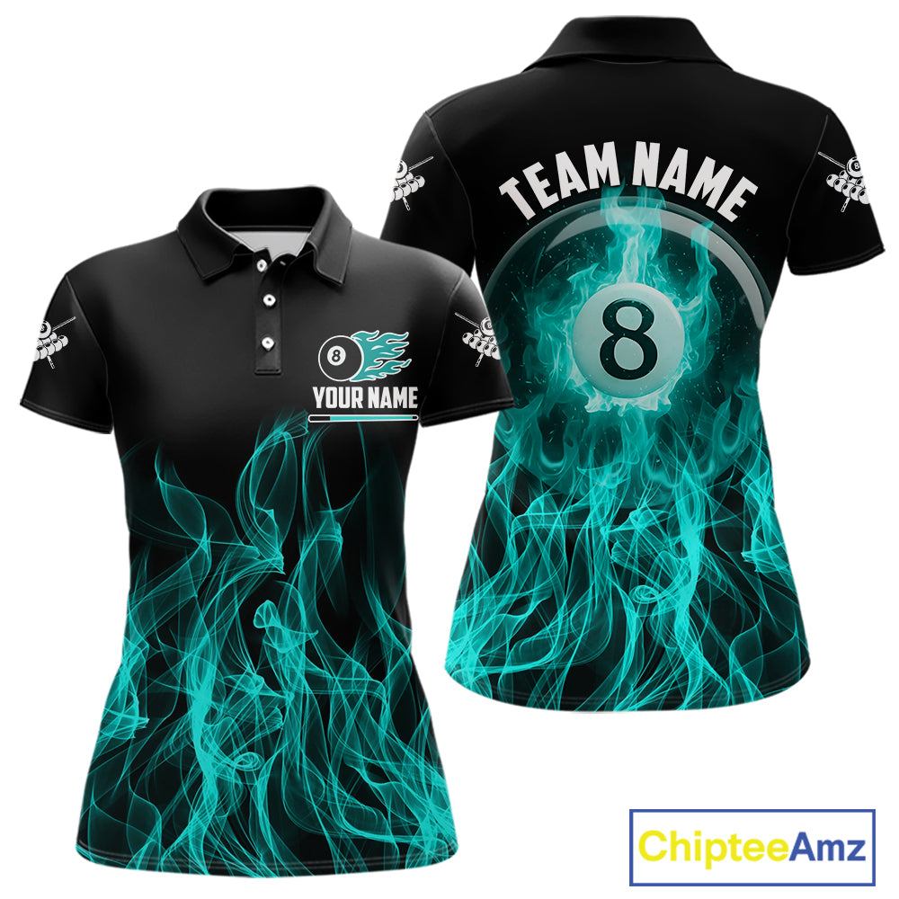Turquoise Flaming 8 Ball Billiard Polo & 1/4 Zip For Women Custom Billiard Jersey, Pool Team Shirts TDM5433