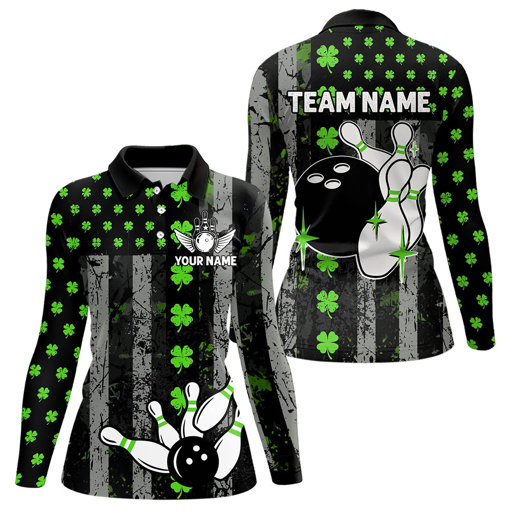 Green Shamrock Grunge US Flag Patriotic Bowling Shirts For Women Custom St Patrick Day Bowling Jersey TDM3545