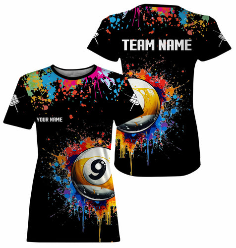 Funny 9 Ball Pool Colorful Paint Splash Custom Women Billiard T Shirt, Billiard Team Jersey | Black TDM3702