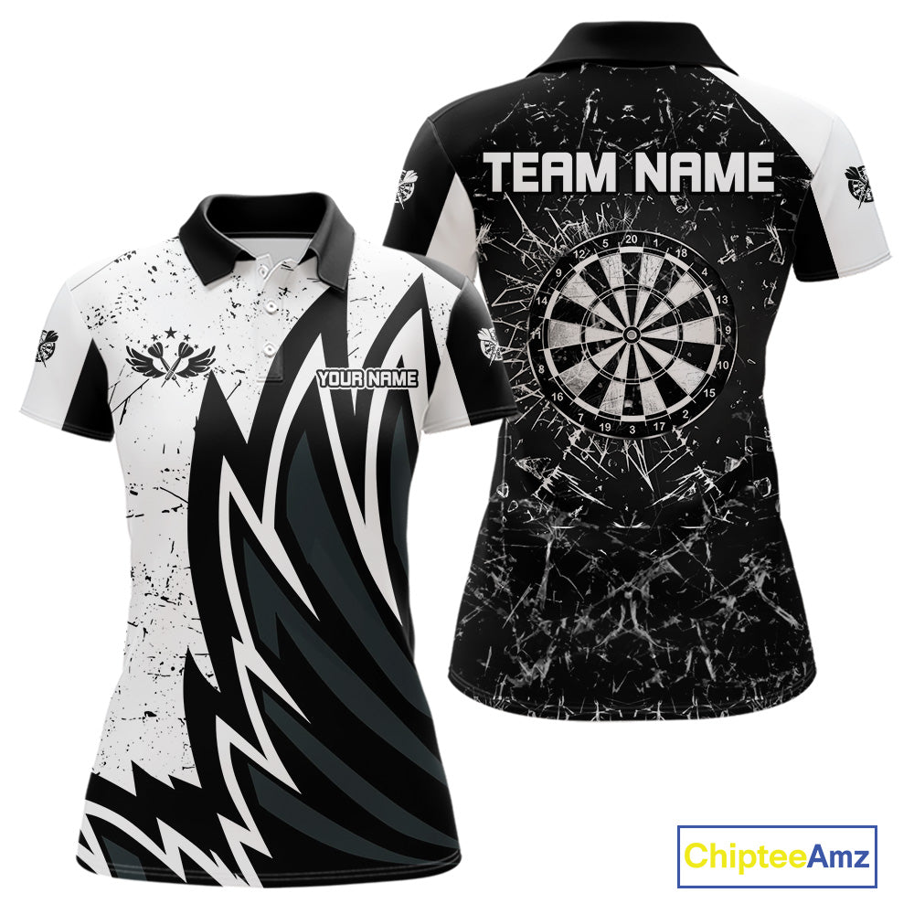 Personalized Black White Break Glass Dart Shirts For Women Custom Wings Dart Jersey Polo & 1/4 Zip TDM3881