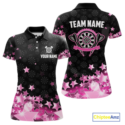 Funny Custom Dart Shirt For Women, Pink Black Glowing Star Pattern Darts Polo & Quarter Zip TDM3885