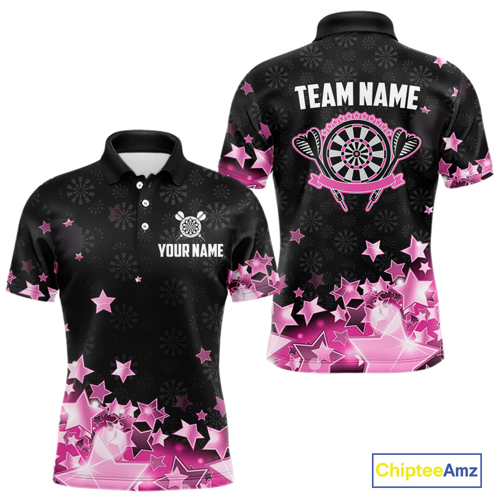 Funny Custom Dart Shirt For Men, Pink Black Glowing Star Pattern Darts Polo & Quarter Zip TDM3885